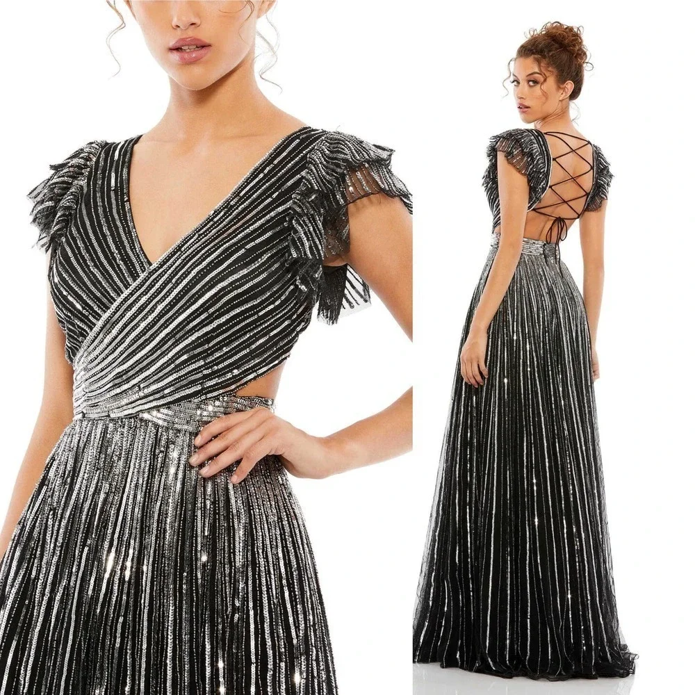 NEW $698 MAC DUGGAL 5568  BLACK SILVER SEQUINED CUTOUT V-NECK LACE UP GOWN Sz 12